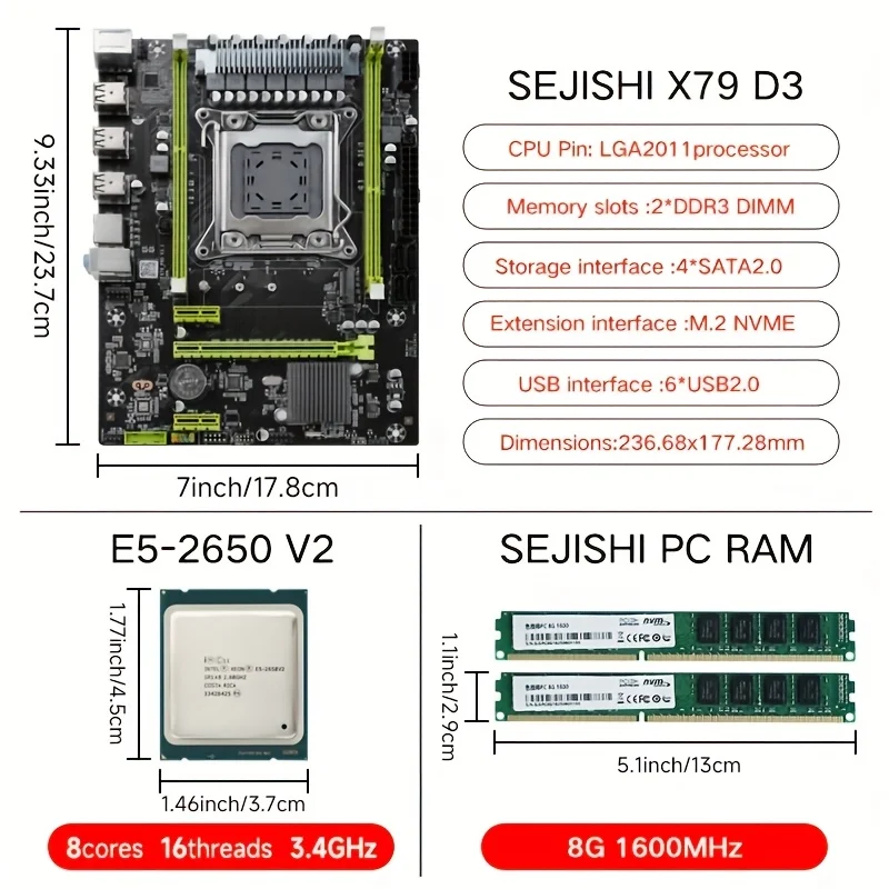 SEJISHI X79 32GB اللوحة LGA 2011 Set Kit Intel Xeon E5-2650 V2 معالج وحدة المعالجة المركزية + DDR3 8GB 1600Mhz ذاكرة الوصول العشوائي