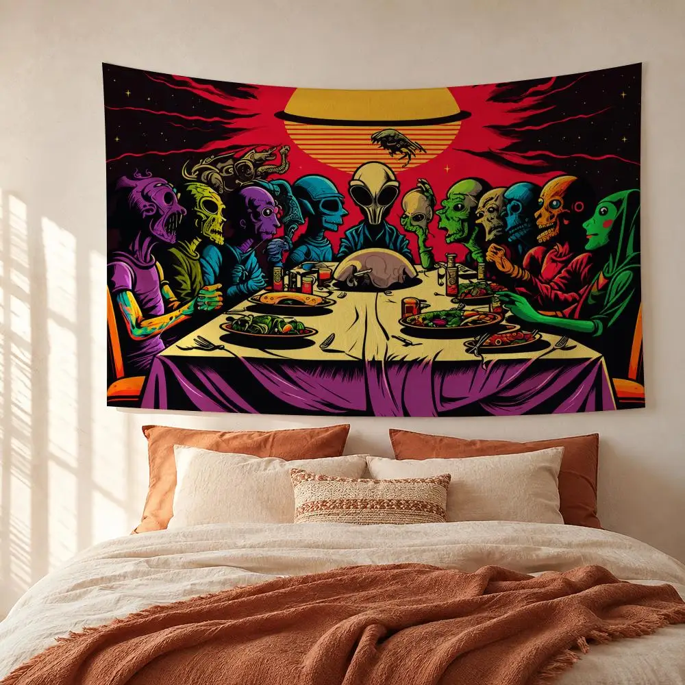 Alien Last Supper Scene Tapestry Custom Living Bedroom Party Dormitory Interior Wall Bohemian Decoration Attached Clip