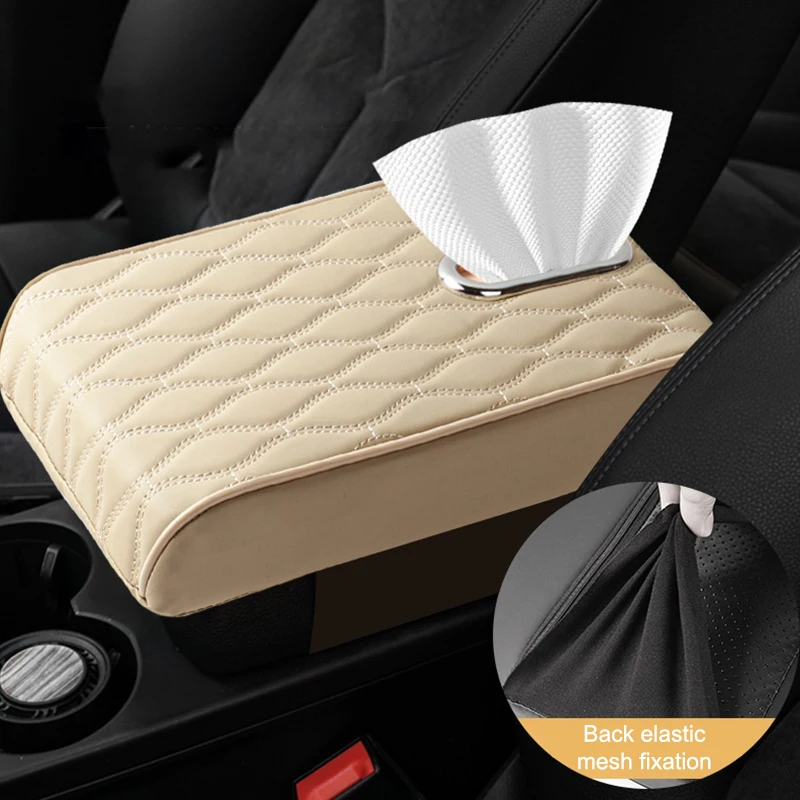 Universal Car Armrest Mat Center Console Arm Rest Cushion With Tissue Storage PU Leather Auto Armrests Storage Box Cover Pad