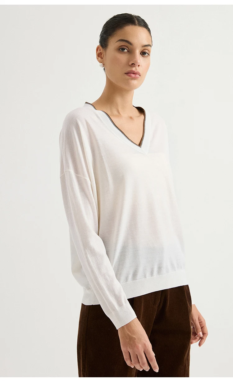 BD3621781 Damen 100% Wolle Oversized V-Ausschnitt Pullover Langarm Kontrastbesatz V-Form Kette Zweifarbig Entspannter Luxus Herbst – Detail 5