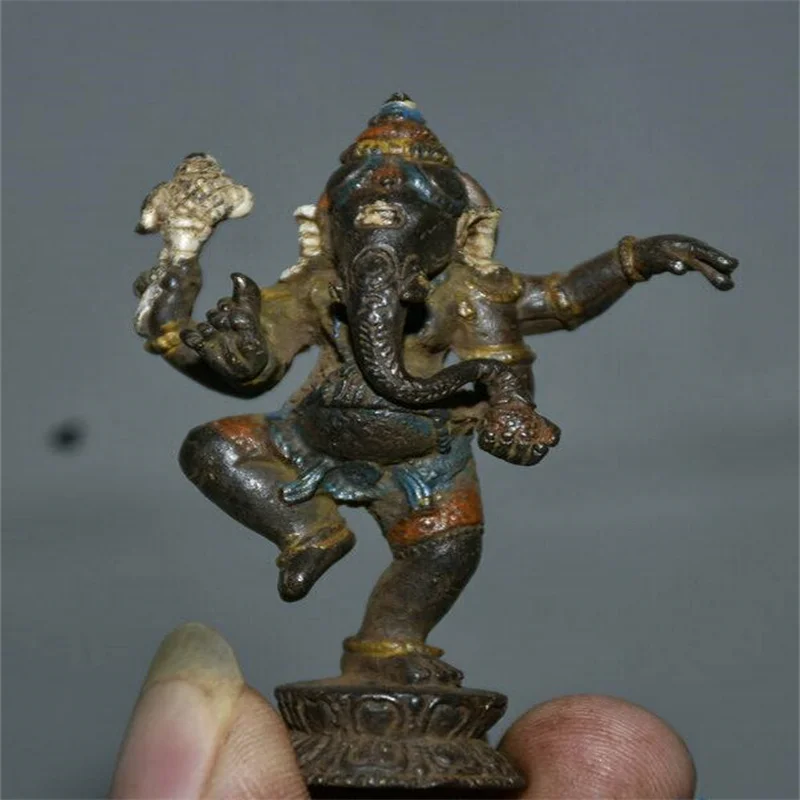 

6.5CM Old Tibet Bronze Painting Buddhism 4 Arms Ganesha Elephant Buddha Statue