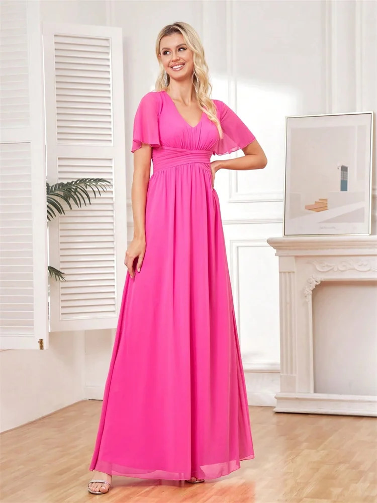 Luxury Chiffon Long Sleeve Navy Evening Dress 2025 Women Dress V-Back Formal Bridesmaid Wedding Party Graduation Gowns