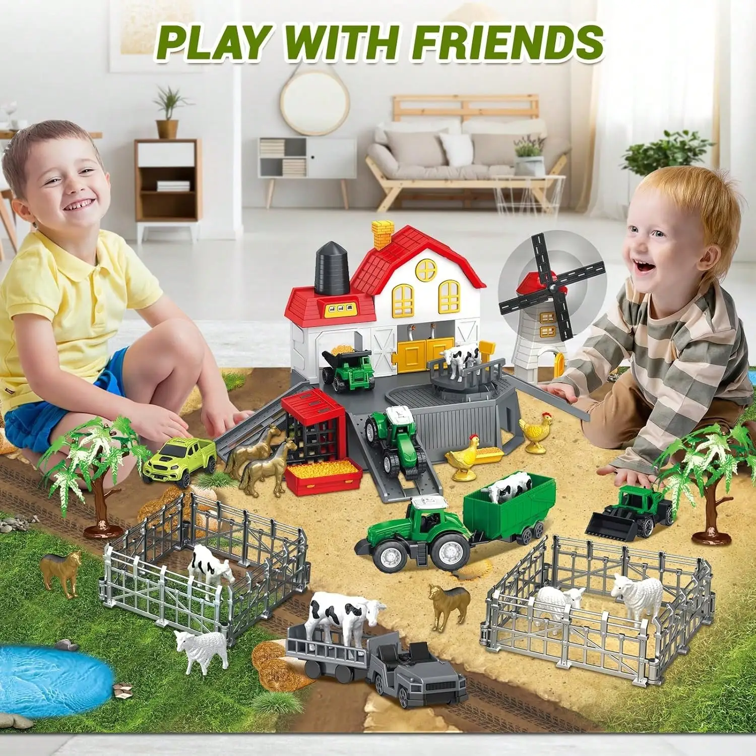 Barn Farm Toys Playset Farm Animals Figurines & Fence Farm Playset Figures Vehicle Toy Truck Trailer Birthday Gifts for Kids