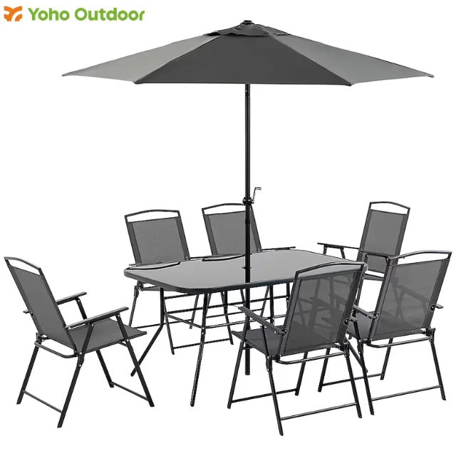

8-Piece Outdoor Patio Dining Set with Rectangular Table 6 Chairs and Matching Umbrella for Garden and Backyard Use