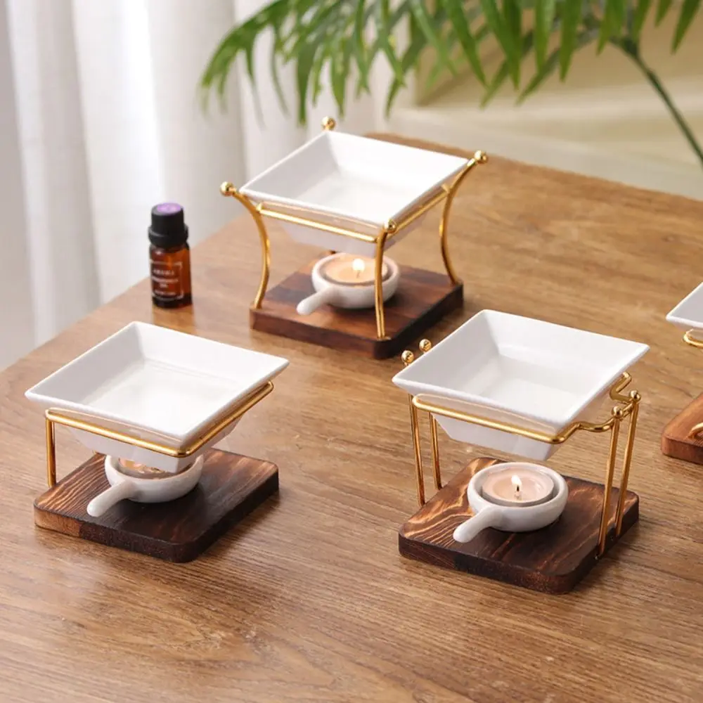 Practical Wooden Base Aromatherapy Stove Metal Ceramics Oil Burners Wax Melt Warmer Room and Spa Relaxation