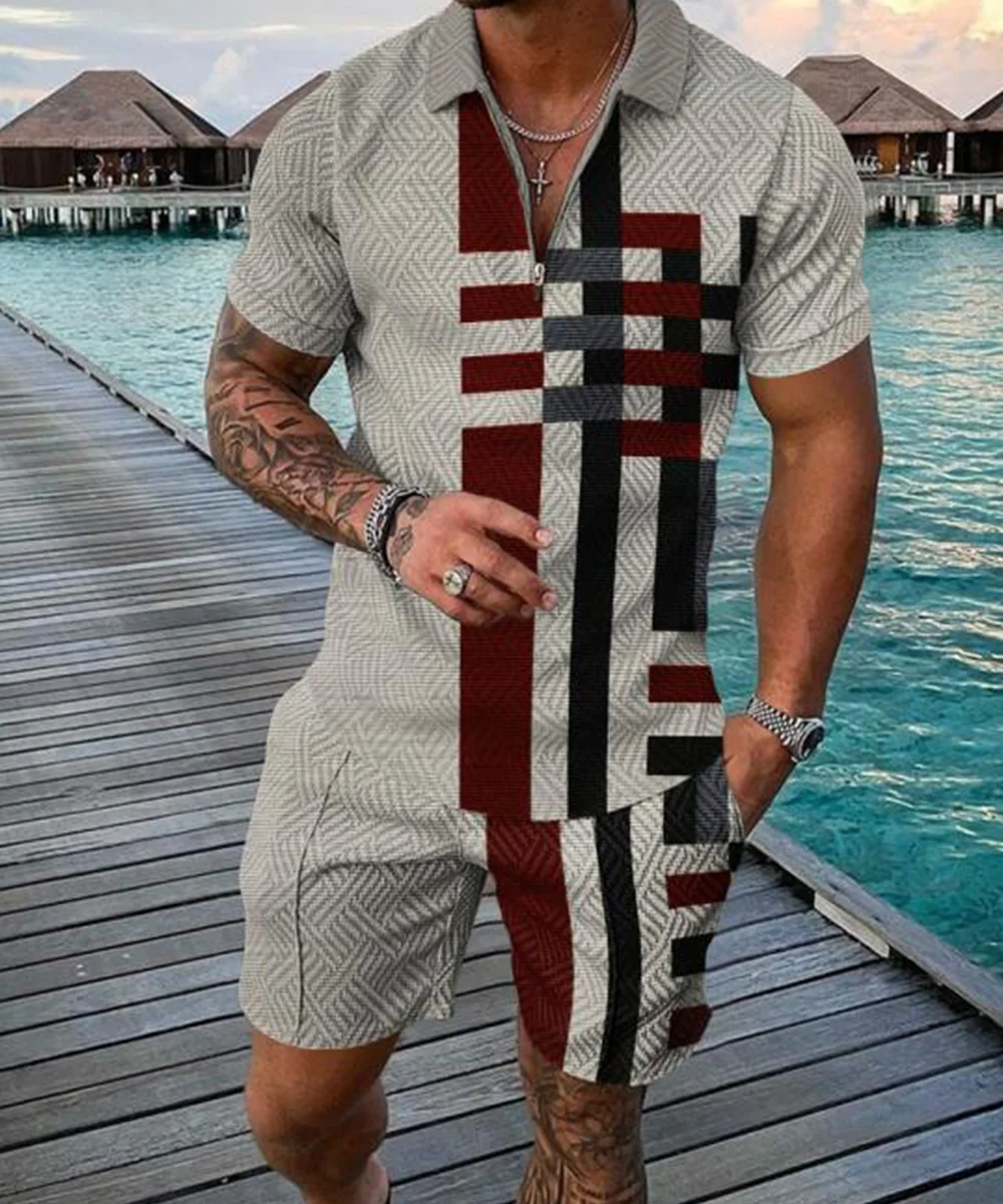 Men's Polo Tracksuit Set Summer Fashion Men Short Sleeve Zipper Polo Shirt&Shorts Set for Men Casual Streetwear 2 Piece Suit