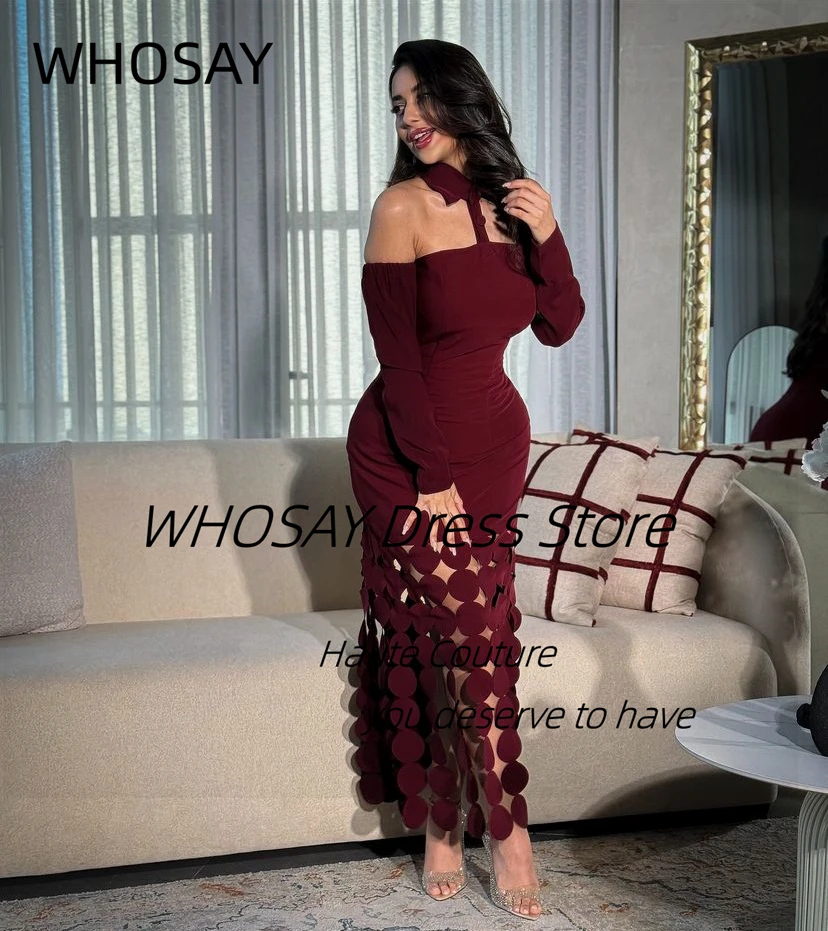 WHOSAY Burgundy Prom Dresses 2024 Buttons Halter Neck Long Sleeves Evening Dress Circular Tassels Birthday Party Holiday Gowns