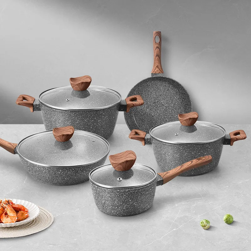 10-Piece Marble Maifanshi Non-Stick Pan Set, Household Western Frying Pan, Wok and Soup Pot for Cooking