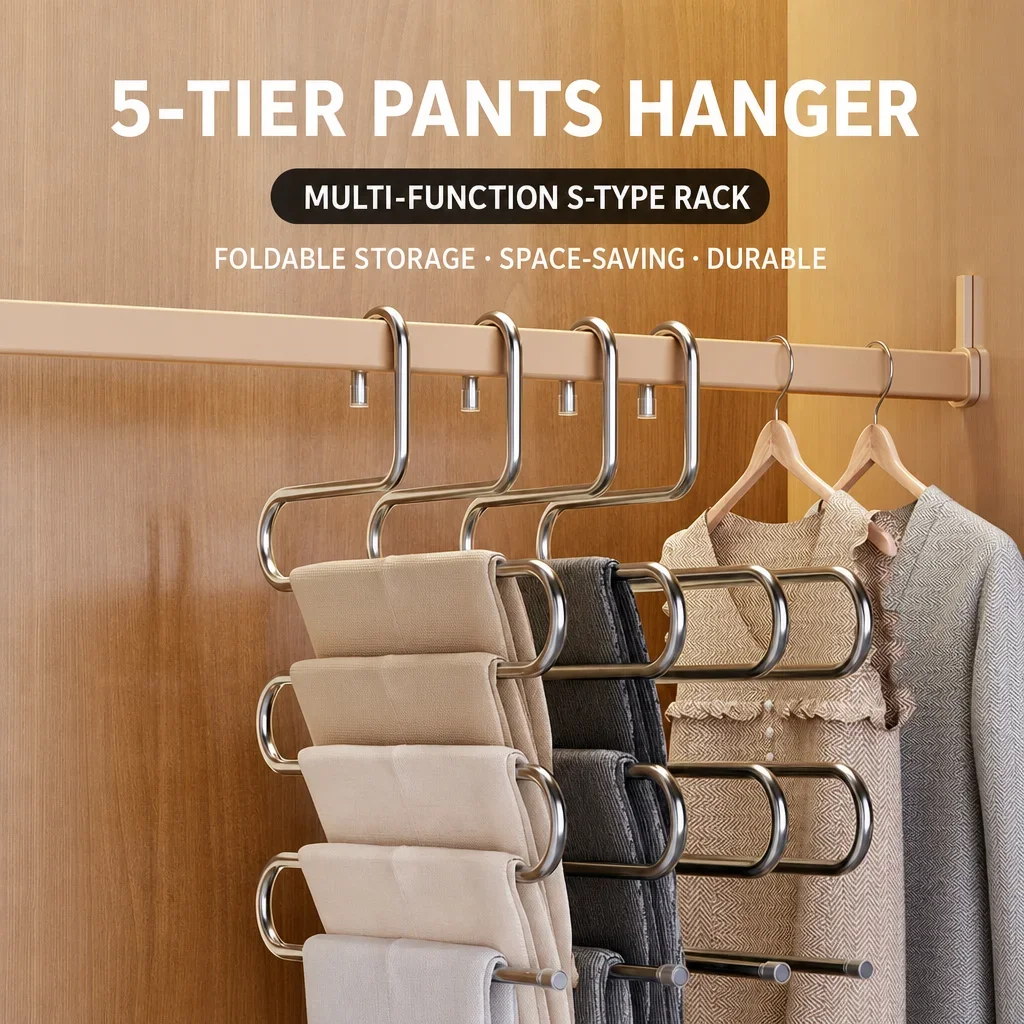 5-Tier Pants Hanger S-Shaped Multi-Function Rack Space Saving Foldable Stainless Steel Strong Load-Bearing for Closet
