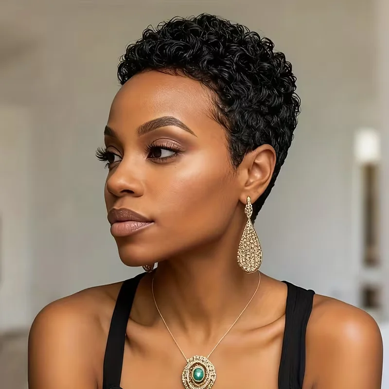 

Короткие вьющиеся парики с стрижкой пикси с челкой из человеческих волос для женщин, полностью машинное производство