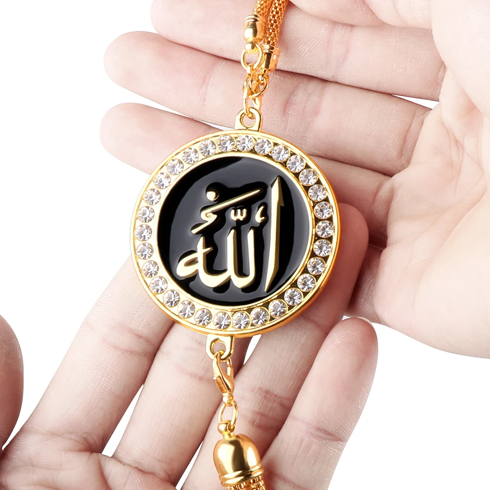 1pcs Car Muslim Allah Metal Diamond Emblem Car Rearview Mirror Pendant Hanging Ornaments Arabic God Religious Decor Accessories