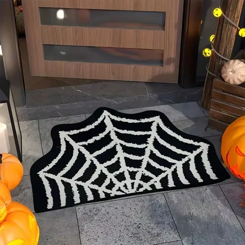 VIKAMA Black White Cobweb Spider Web Printed Doormat Non Slip Fluffy Irregular Halloween Holiday Front Door Entryway Decor Rug