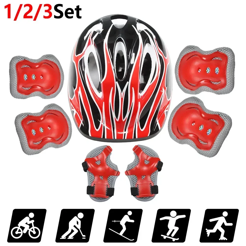 1/2/3Sets Toddler Flame Helmet & Protective Pad Combo, Wear-resistant Knee Elbow Wrist Guards for Kids Aged 3-10 Skate Sports