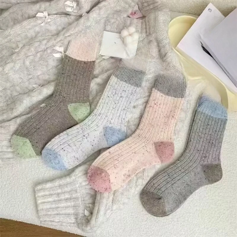 4 pairs Spring Autumn New Warm Socks Women's Color blocked Fashion Versatile Mid tube Elegant Comfortable Stacking Socks