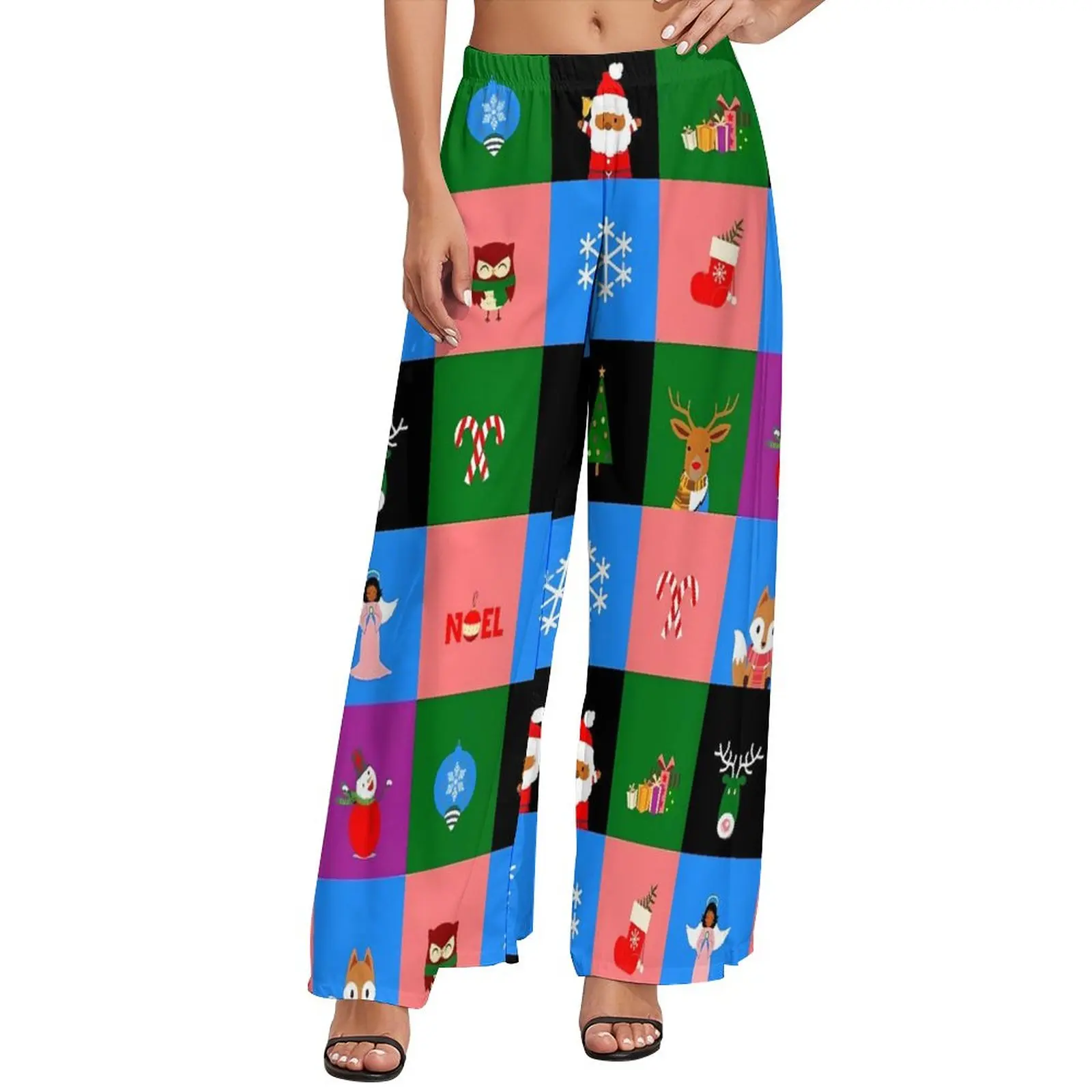 ColorBlock Check Pants Christmas Print Aesthetic Straight Wide Pants High Waist Elegant Trousers Large Size