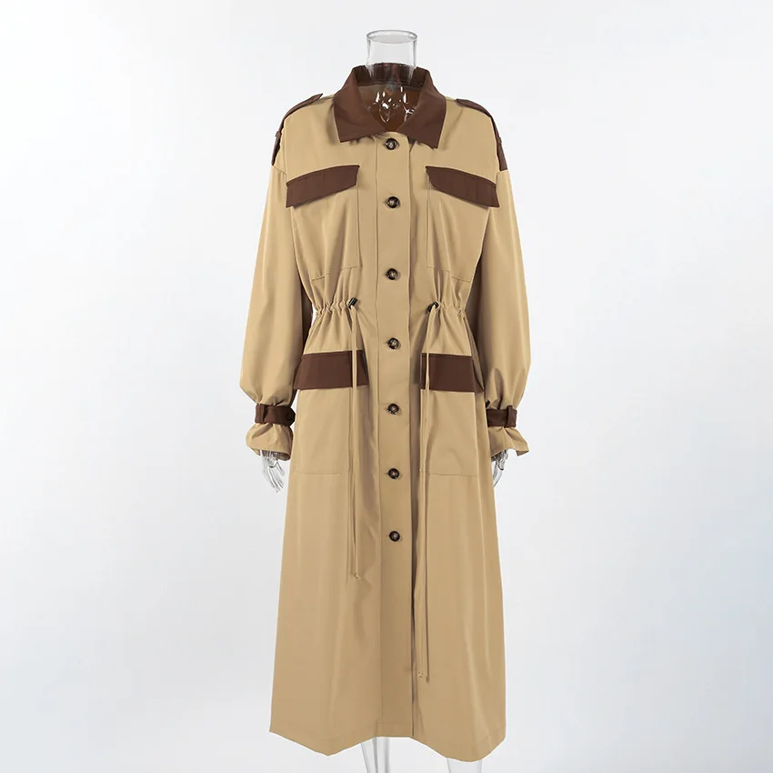 

2026 Fashion Vintage Contrasting Trench Coat Jacket Women Fall Winter Workwear Full Sleeve Lapel Loose Long Overcoat Outerwear