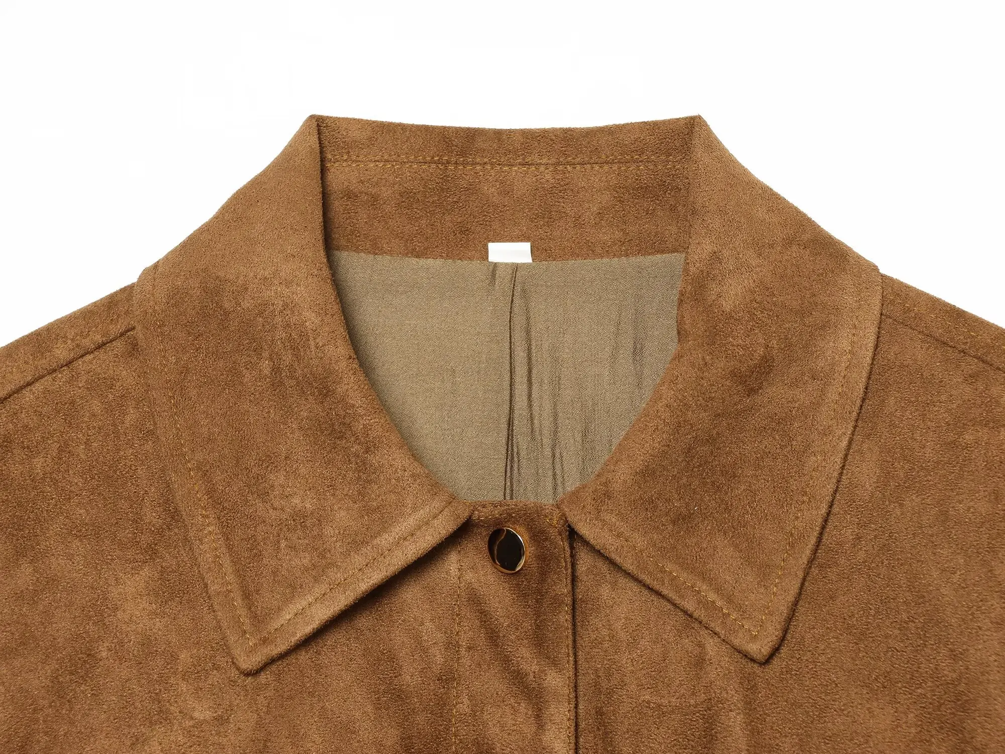 TFMLN Schicke Wildlederjacke für Damen, modischer Reverskragen, lange Ärmel, Taschen, schmal geschnittener Mantel, 2026, neuer Herbst, Gürtel, Damen-Retro-Oberbekleidung – Detail 4