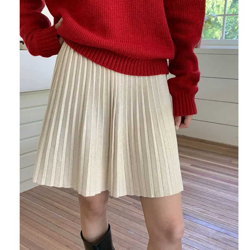 Femmes automne Mini Jupe taille haute tricoté matériel a-ligne jupes plissées haute qualité vêtements Jupe Femme Faldas Jupe Saia