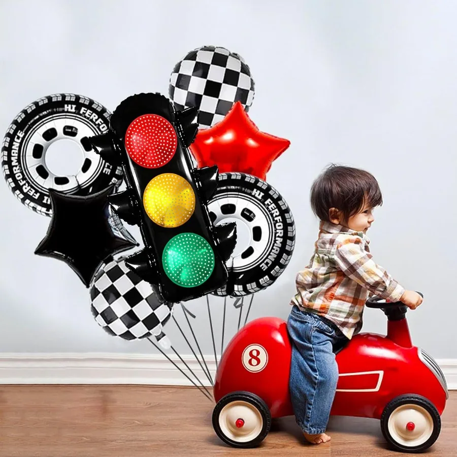 7個入りレーシングカーパーティーバルーンセット、信号機、チェッカーボール、タイヤバルーン、レーシングカーをテーマにしたファストワンツーファスト誕生日パーティー