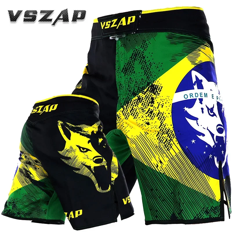 VSZAP-Brazilian Flag MMA Shorts, Bodybuilding Sweatpants, Sanda Breeches, Fitness, Muay Thai Wolf,Casual Elastic Beach Clothing