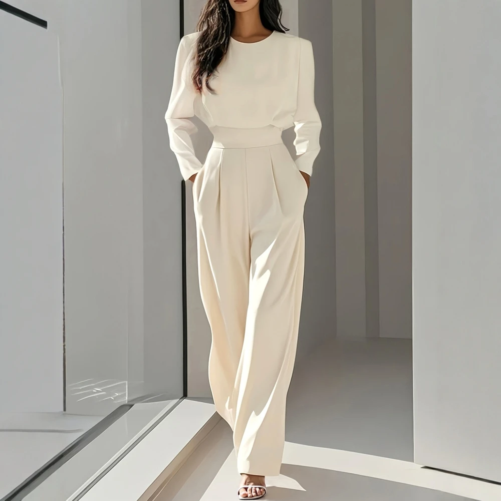 

Women's Autumn Winter Long Sleeve Jumpsuits Solid Color Crew Neck Ankle Straight Fashion Daily Wear
