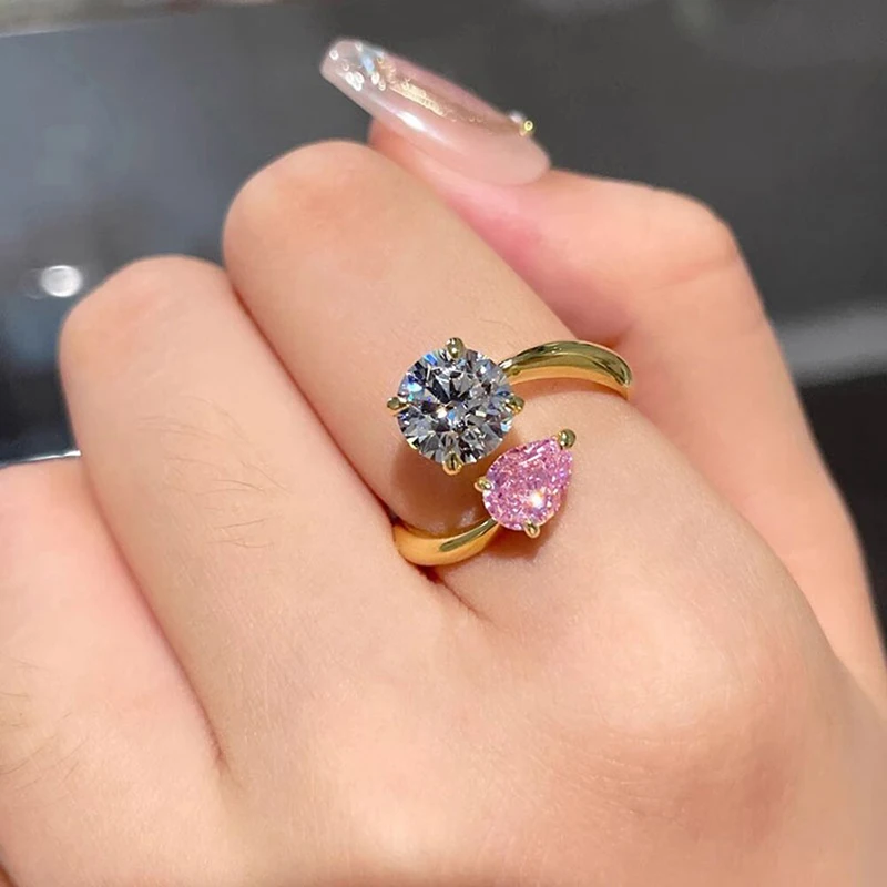 Huitan Süßer offener Ring mit leuchtend rosa und weißen Zirkonia-Steinen, elegantes Accessoire für Verlobungszeremonien, zarter Schmuck