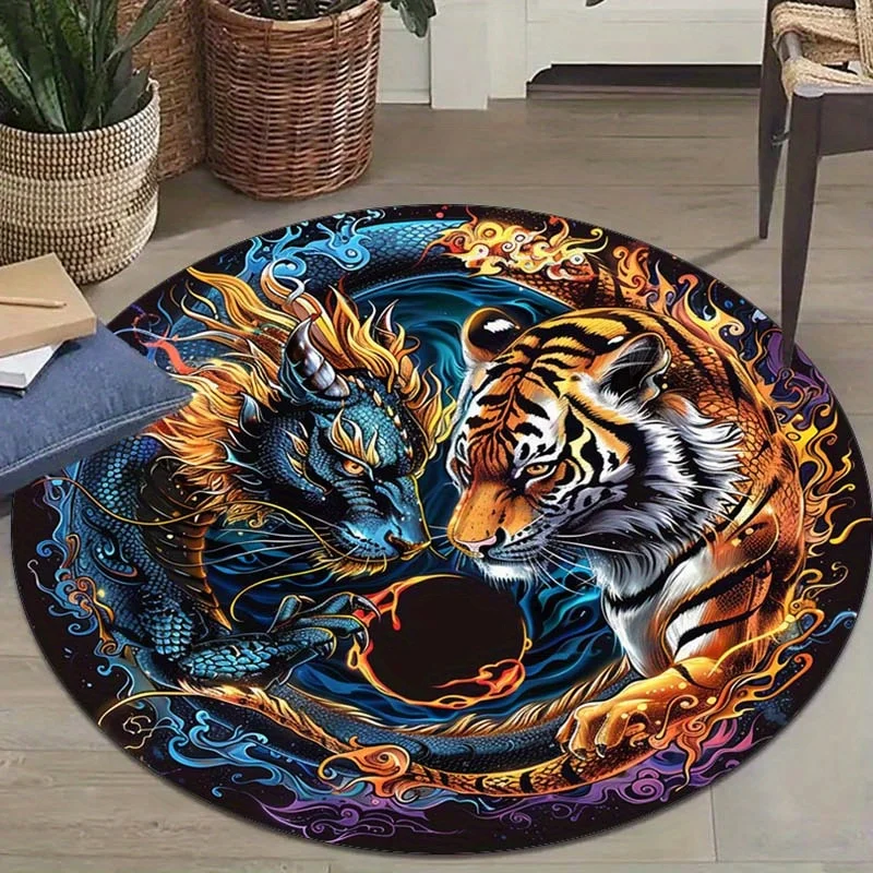 Dragon Tiger Yin Yang Round Rug Flannel Printed Carpet Chinese Theme Home Decor Cozy Soft Floor Mat Living Room Indoor Use
