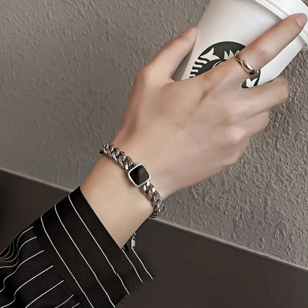 Retro Quadratischer Schwarzer Edelstein Herrenarmband Hip-Hop Dicke Kette Edelstahlarmband Einfache Kubanische Kette Schmuckzubehör – Detail 3
