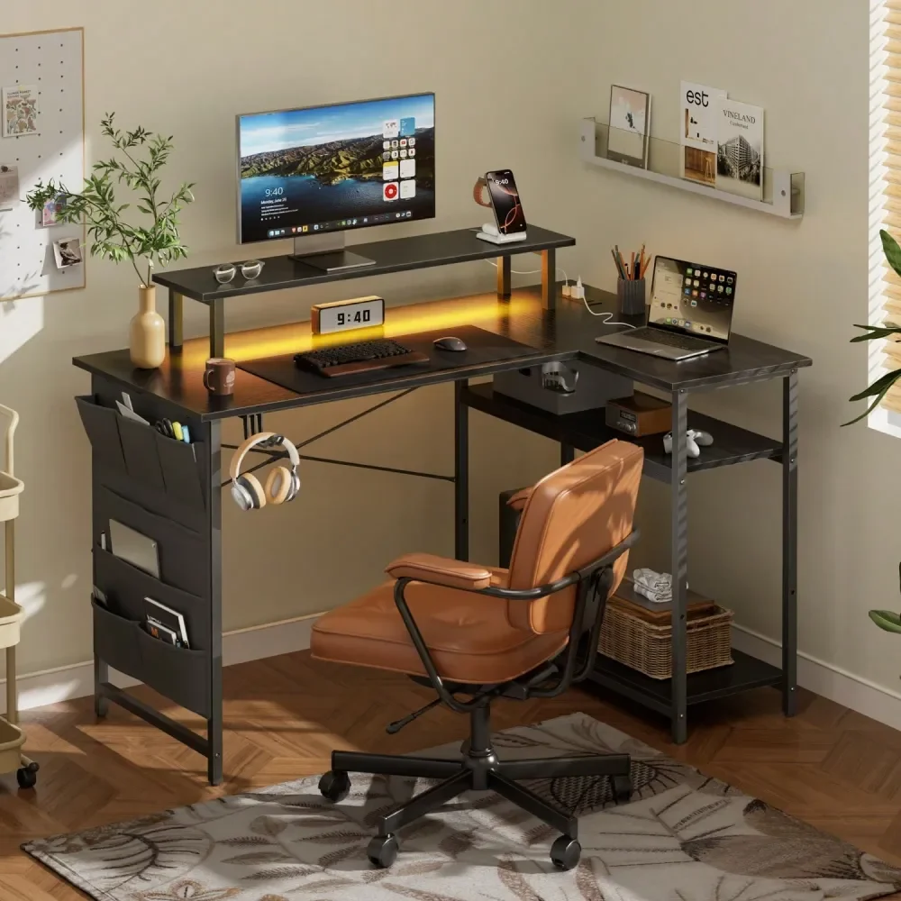 43 Inch L Shaped Computer Desk With Power Outlet, Gaming Corner Desk With LED Lights, Home Office Table With Storage Shelves Mo