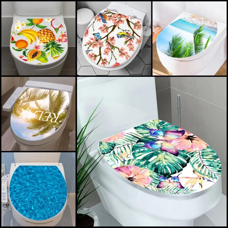Tropical Beach Fruit Toilet Seat Stickers Full Coverage Self Adhesive Bathroom Wall Decor Stickers