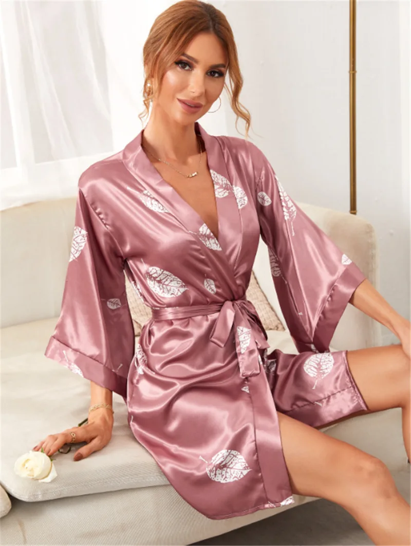 Womens Imitation Silk Bathrobe, Pink Leaf Printed Robe, Home Clothes, Summer