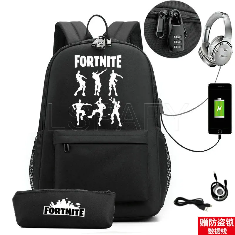 Mochila con estampado de FORTNITE para niños y adolescentes, morral escolar de dibujos animados con carga USB de 17 pulgadas