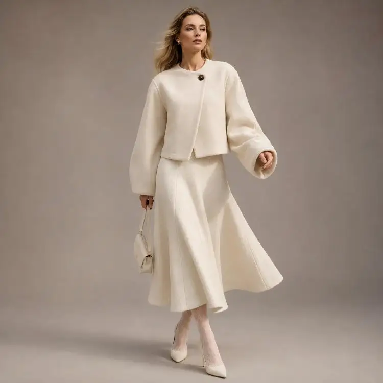 Women's Cream Wool Blend Coat - Elegant Round Neck Single Button Jacket with Lantern Sleeves, Winter Warm Casual Outerwear
