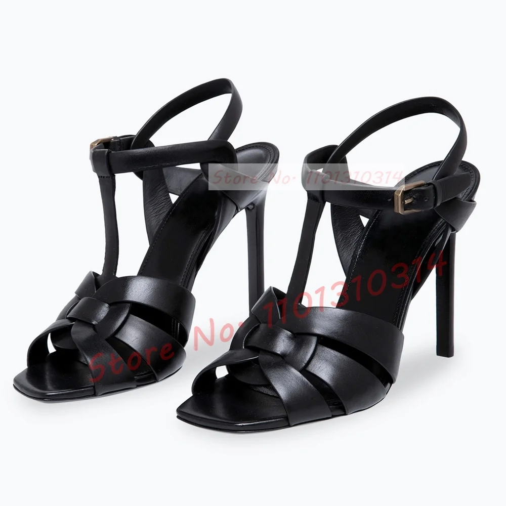 T-strap tkane prawdziwe skórzane sandały damskie klasyczne otwarte kwadratowe noski szpilki Stiletto kobiece eleganckie brązowe buty z paskiem na