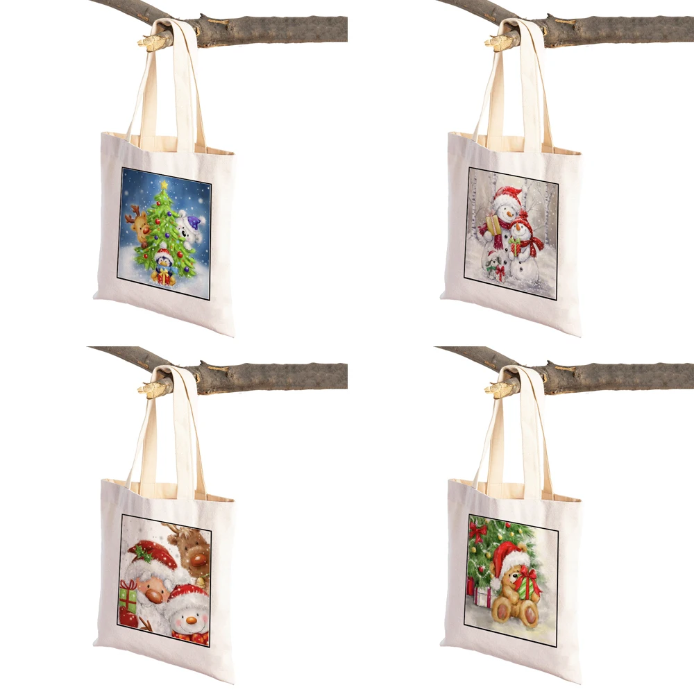 Vrolijk Kerstfeest Casual Vrouwen Boodschappentassen Cartoon Kerstman Sneeuwpop Opvouwbaar Eco Canvas Lady Shopper Bag Xmas Tote Handtas