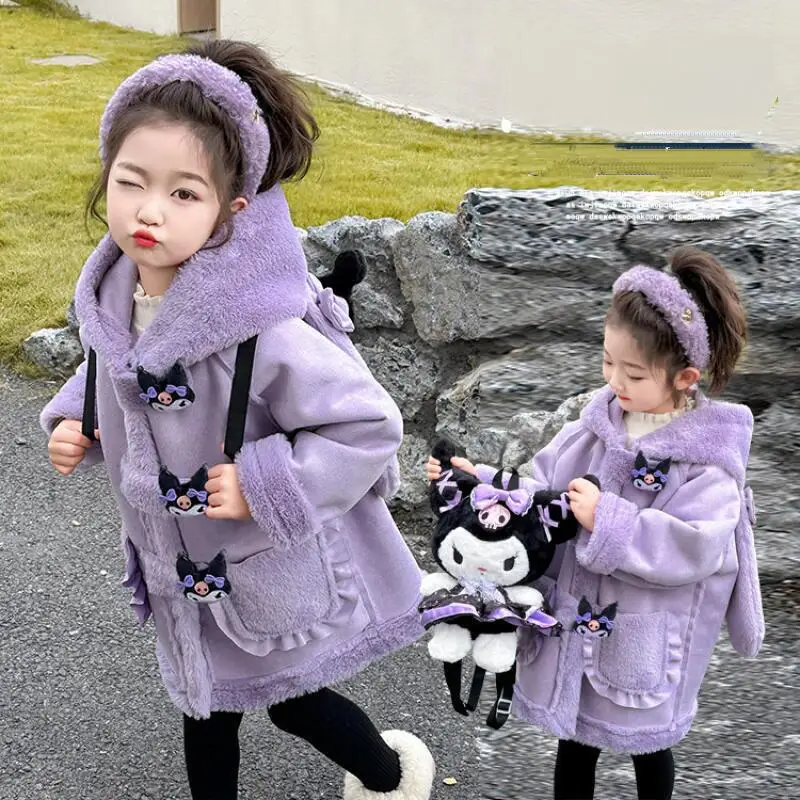 

Hot Sanrio Girl Medium Length Jacket Kuromi Kawaii Anime Fashion Winter Student Thicken Keep Warm Tops Children's Clothing New