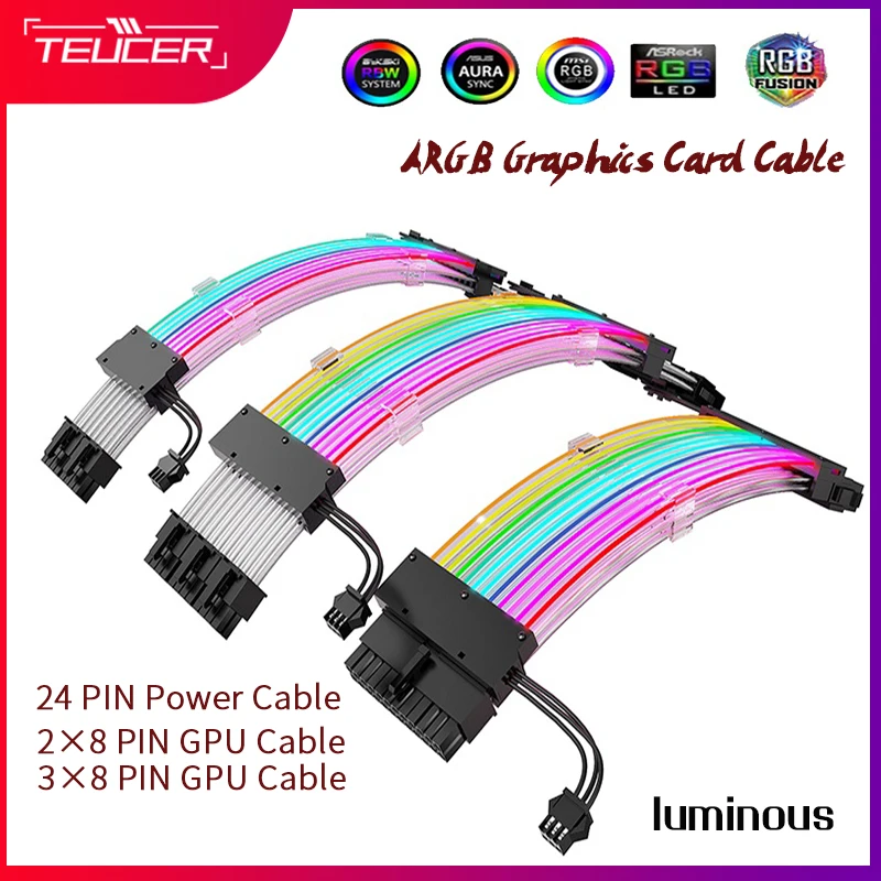 TEUCER TC-45 24PIN GPU ส่วนขยายสาย Motheboard สายไฟต่อสายไฟ ARGB 8PIN แสง Streamer Neon VGA Extender PC MOD AURA