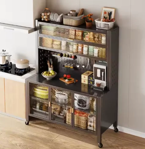 Metal Steel Tall Storage Cabinet With Translucent Door For Kitchen Or Utility As Organizer Cupboard