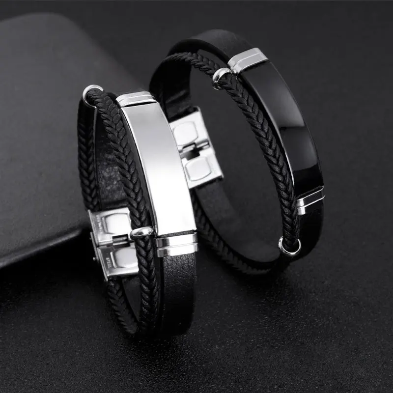 Multi Layer Leather Bracelets for Men Women Customizable Engraving Stainless Steel Casual Personalized Bangle Charm Jewelry Gift