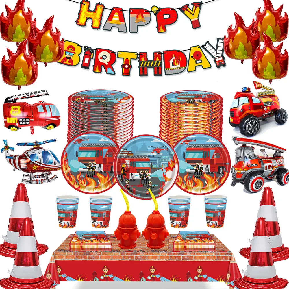 Fire Protection Theme Party Supplies Fire Truck Tableware Plates Napkins Cups Tablecloth Boy Firefighter Birthday Party Decor