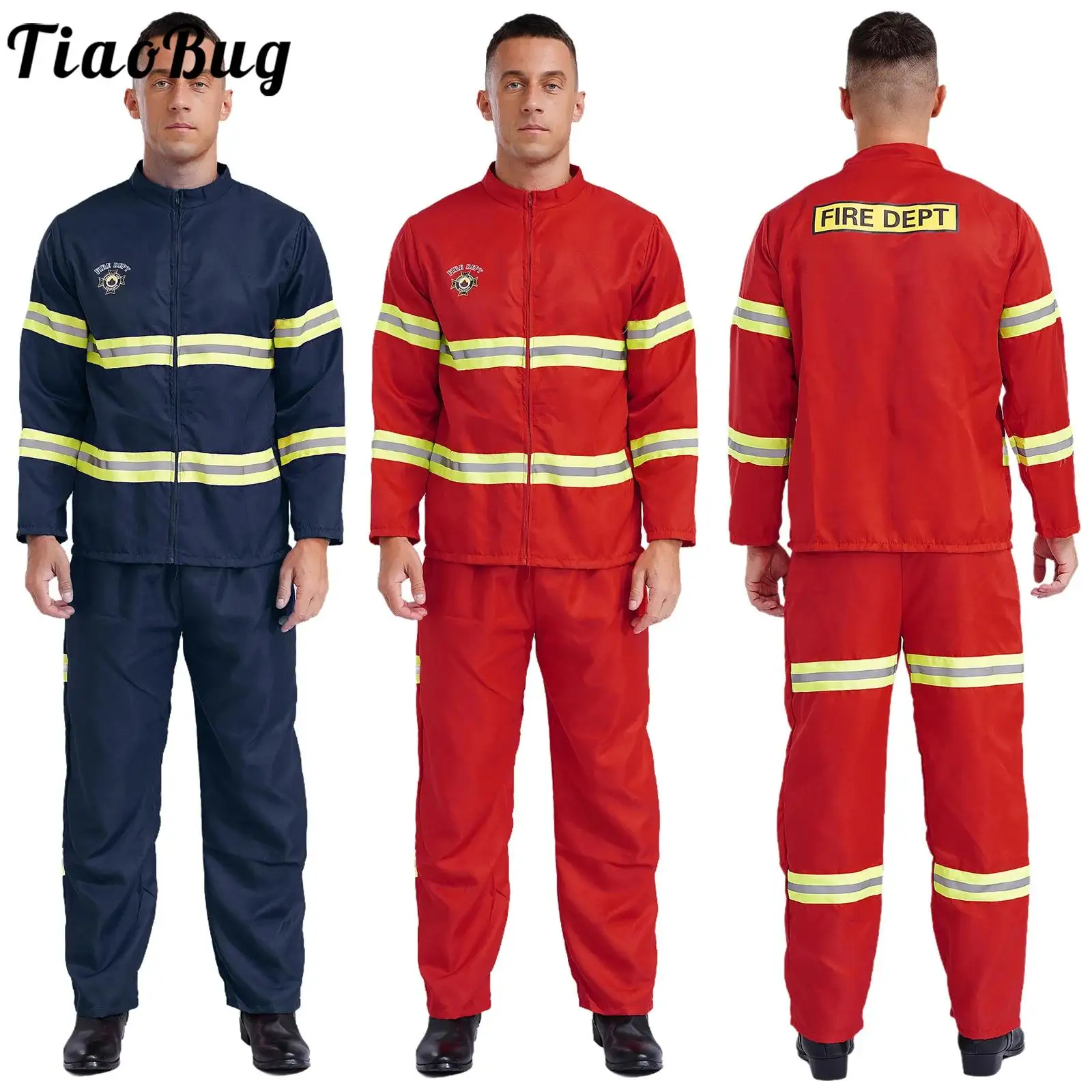 Men Fireman Cosplay Costume Firefighter Dress Up Outfits Firefighting Jacket Coat Pants And Belt Plastic Helmet Halloween Suit