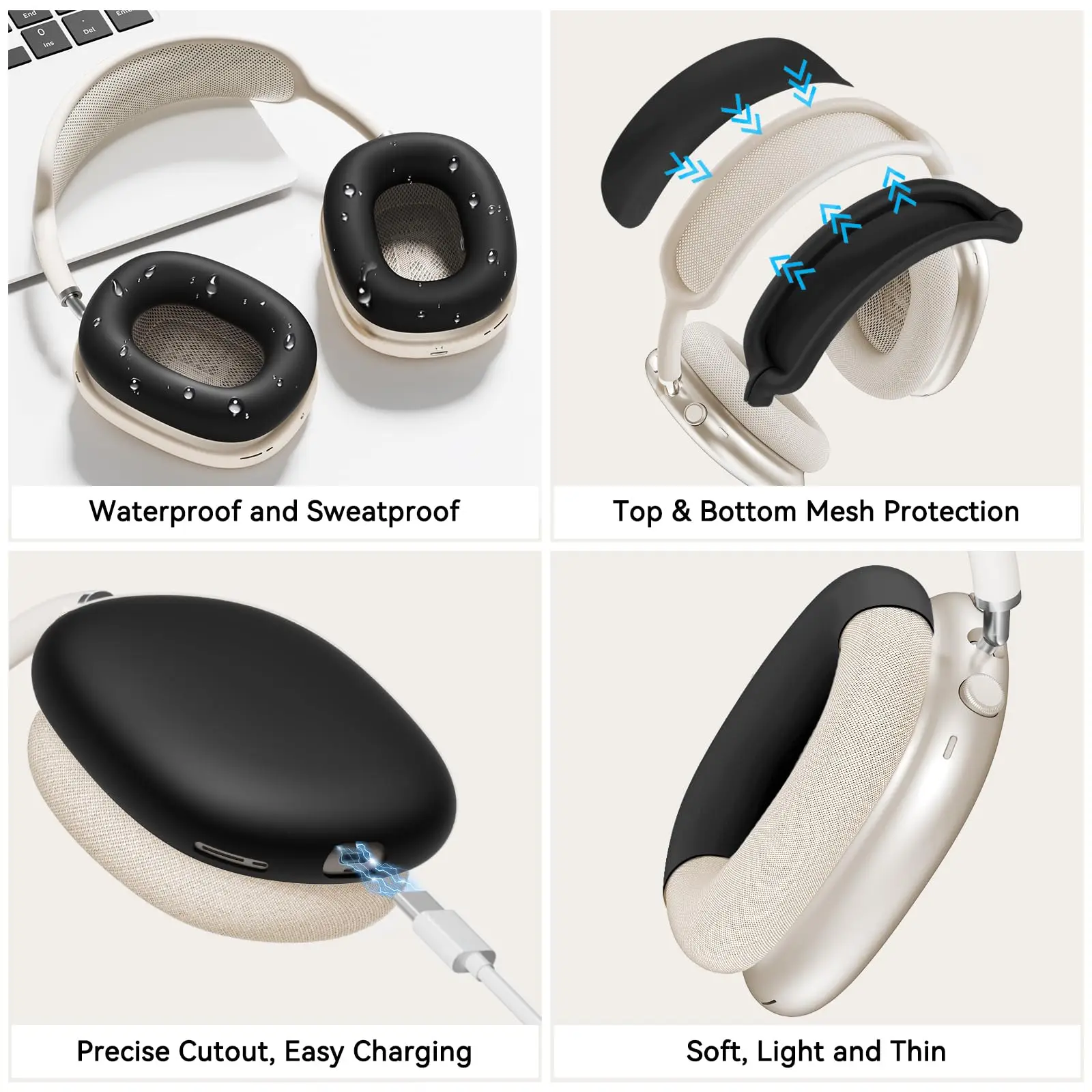 غطاء حماية من السيليكون 4 في 1 لسماعات AirPods Max، غطاء وسادة الأذن/غطاء أكواب الأذن/غطاء عصابة الرأس لجهاز AirPod Max - أسود