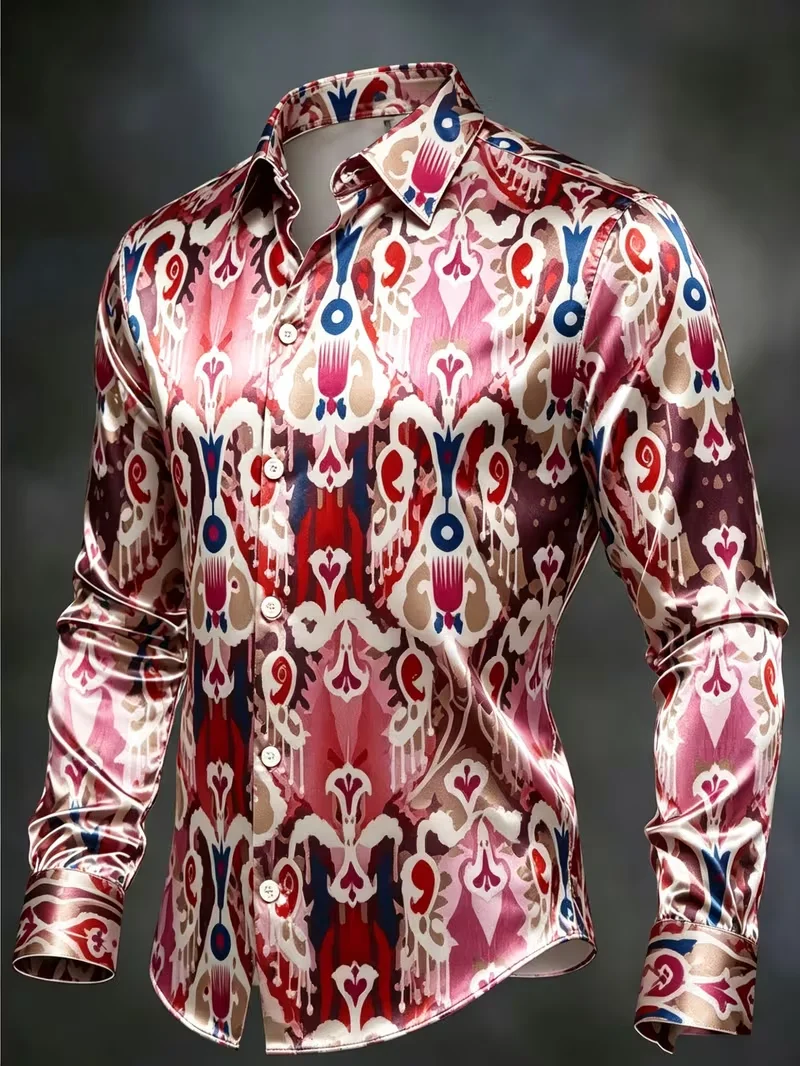 New Clock Skull Double Winged Curly Grass Printed Long Sleeve Shirt with Smooth Drop and Satin Collar for Men