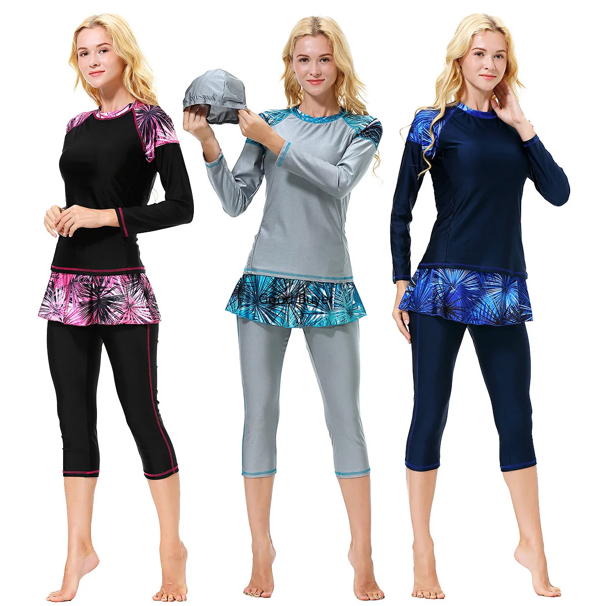 

Женский скромный мусульманский купальник буркини, исламский купальник с длинным рукавом, полный хиджаб, топ с юбкой, брюки для плавания, капри, большие размеры, комплект из 3 предметов