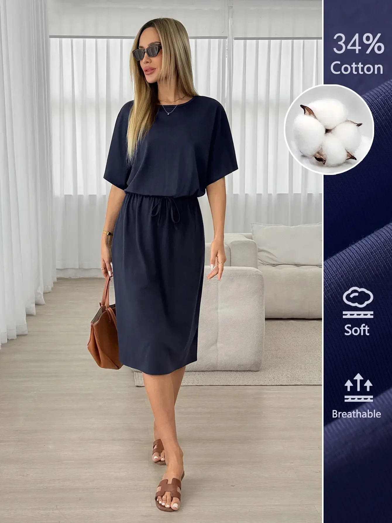 Women's Navy Blue Cotton Midi Dress, Drawstring Waist Short Sleeve Summer Vacation Travel Casual Outfit