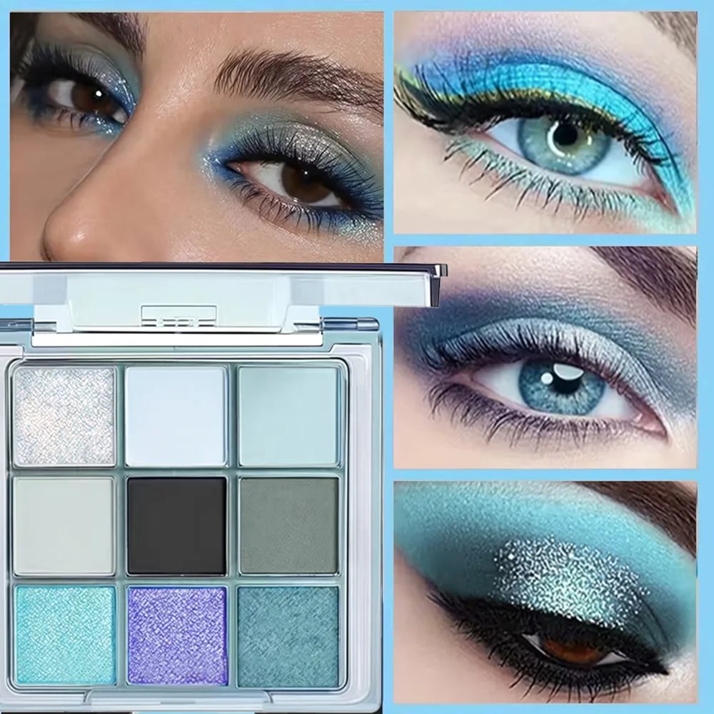 Palette di ombretti blu a 9 colori, tonalità luccicanti perlescenti opache, impermeabili, resistenti al sudore, a lunga durata, facile miscelazione, unisex