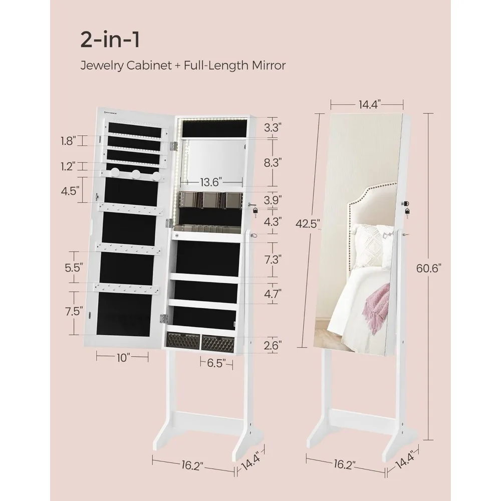 Freestanding Mirrored Jewelry Cabinet with LED Lighting and Storage Organizer