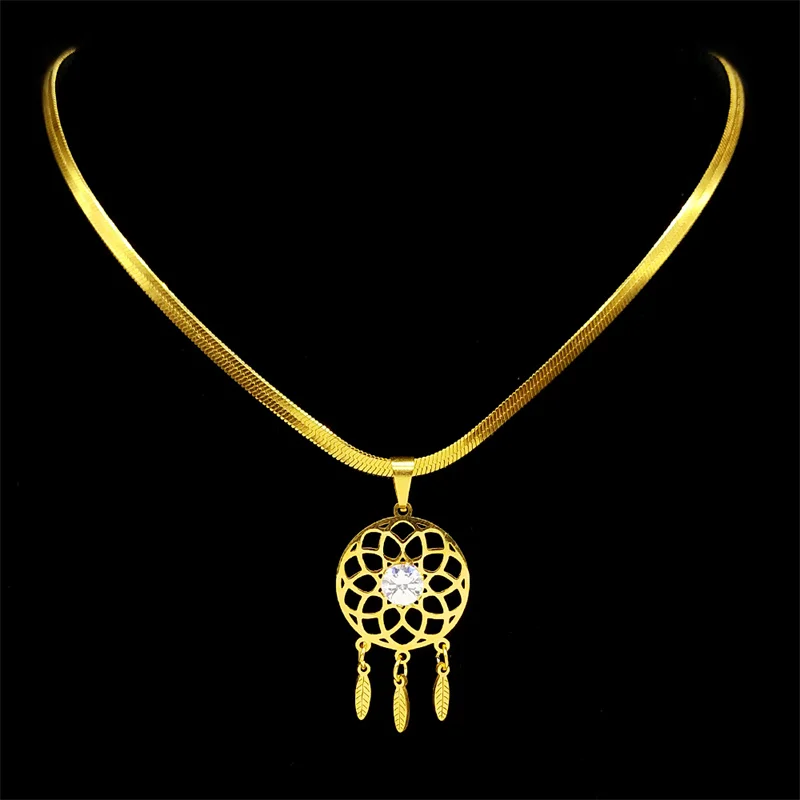 Bright Rhinestone Dream Catcher Pendant Tassel Fine Jewelry Set Stainless Gold Color Hoop Earring Necklace Set Gift for Women