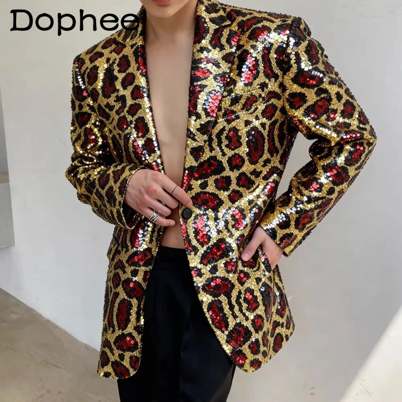

Trendy Sequin Blazer Jackets Men Women 2025 Spring Autumn New High Street Stylish Tailored Coats Shiny Leopard Print Blazer Tops