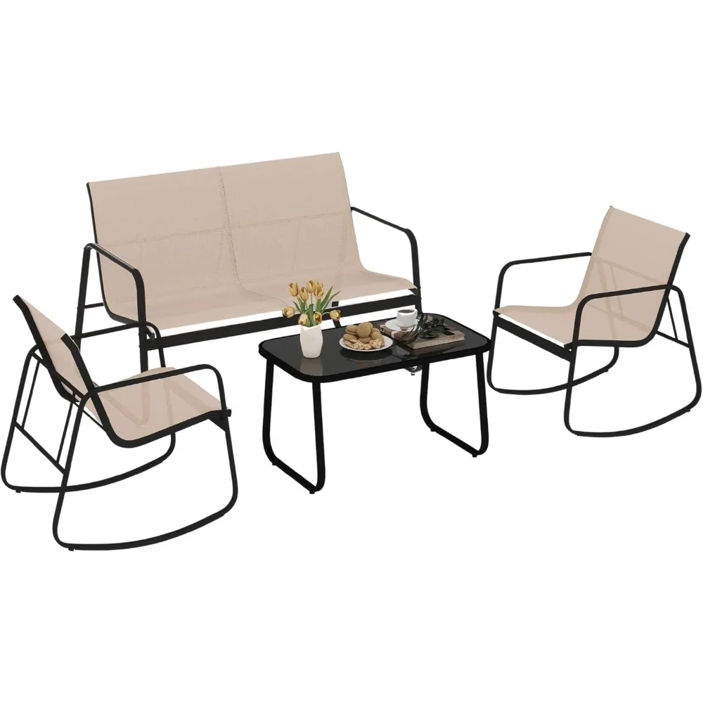 4-Piece Patio Furniture Set, Textilene Conversation Set with 2 Rocking Chairs and Tempered Glass Coffee Table, Perfect